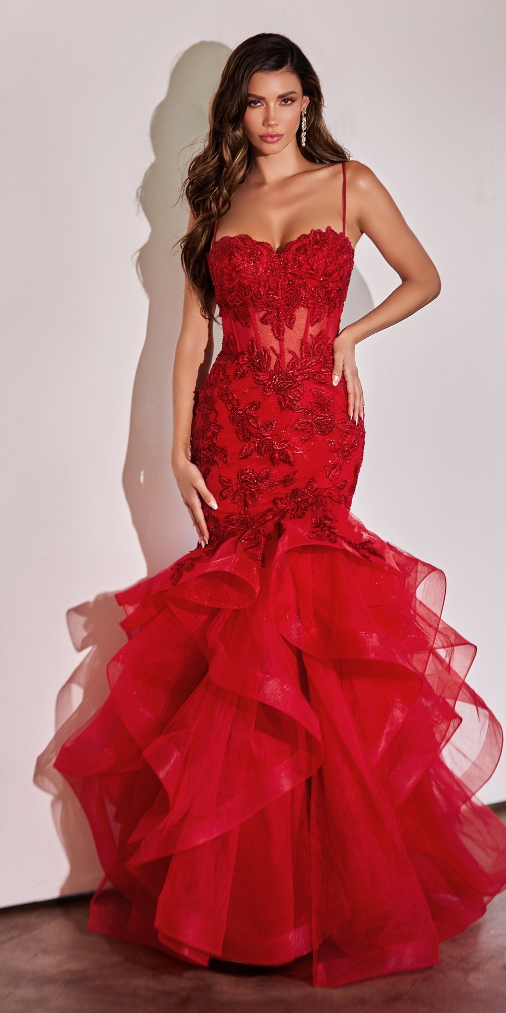 Ladivine CC8915 Long Rose Lace Applique Tiered Skirt Mermaid Dress by DiscountDressShop
