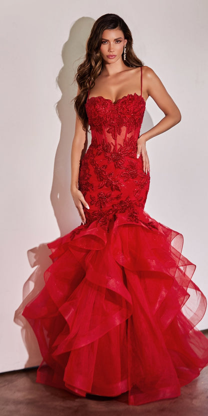 Ladivine CC8915 Long Rose Lace Applique Tiered Skirt Mermaid Dress by DiscountDressShop