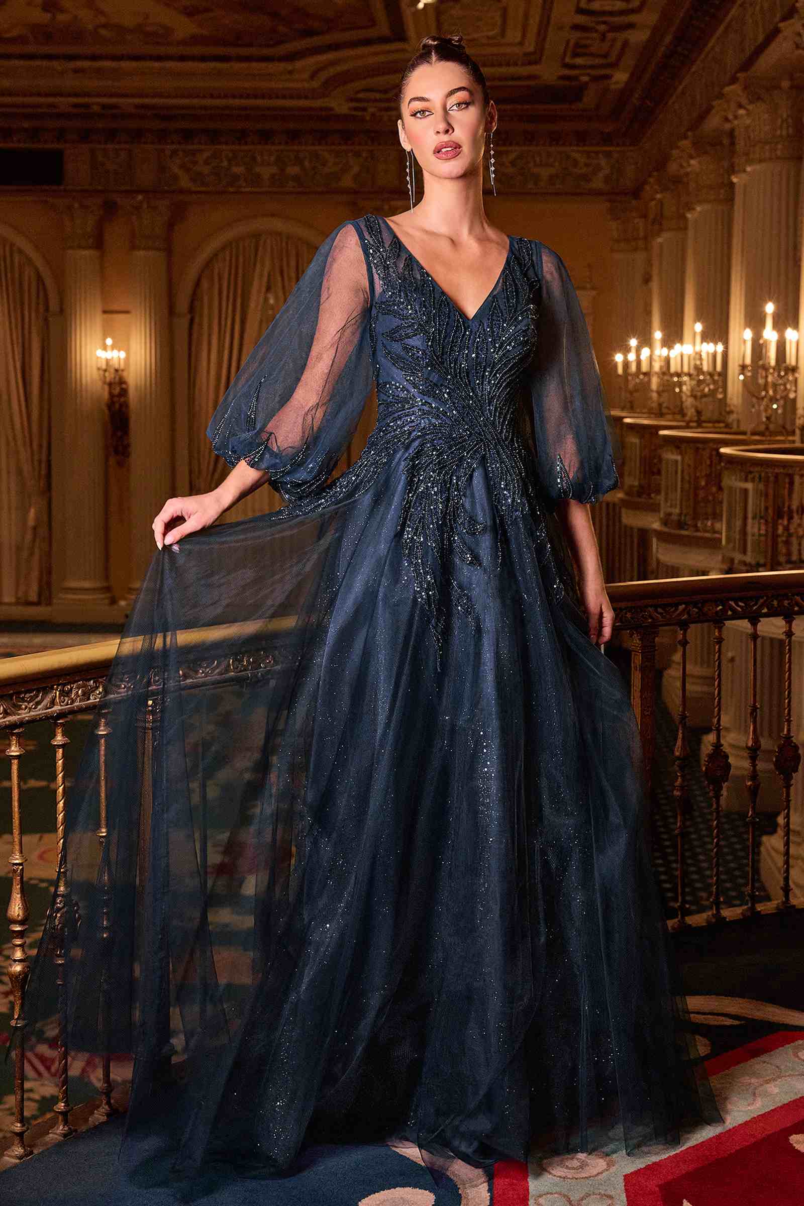 Ladivine CD0101 V-Neckline Long Sleeves Layered Tulle Skirt A-Line Gown by DiscountDressShop