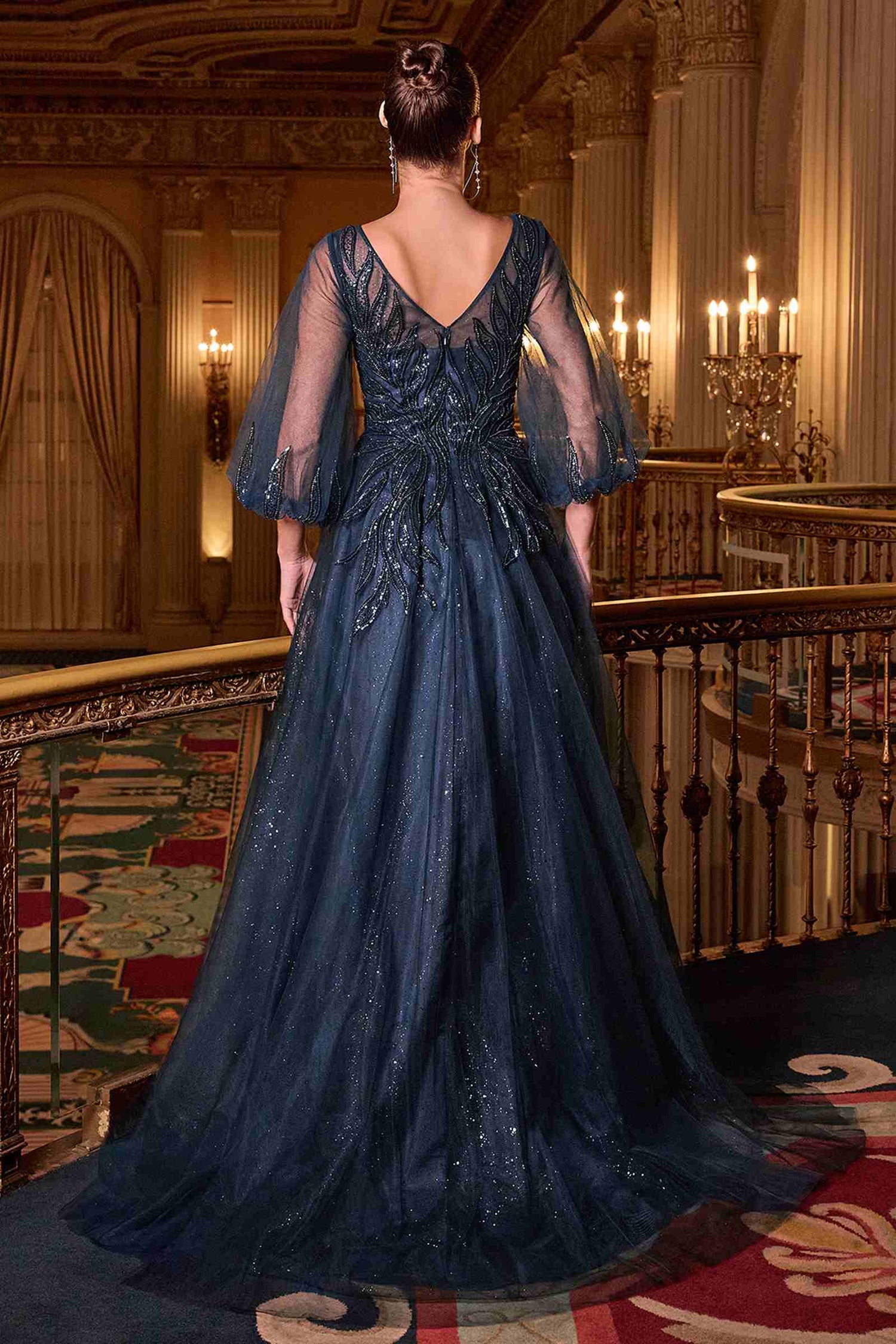 Ladivine CD0101 V-Neckline Long Sleeves Layered Tulle Skirt A-Line Gown by DiscountDressShop