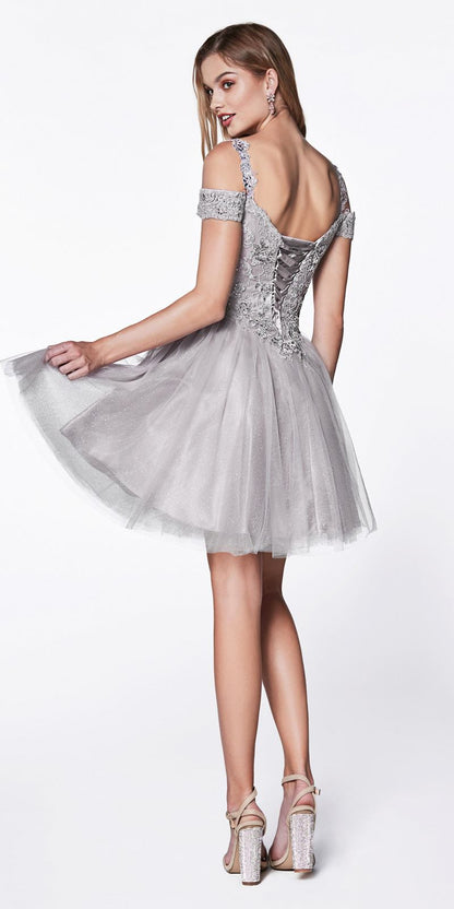 CLEARANCE - Cinderella Divine CD0132 Short A-Line Dress Off Shoulder Glitter Tulle Skirt (Size S) by DiscountDressShop