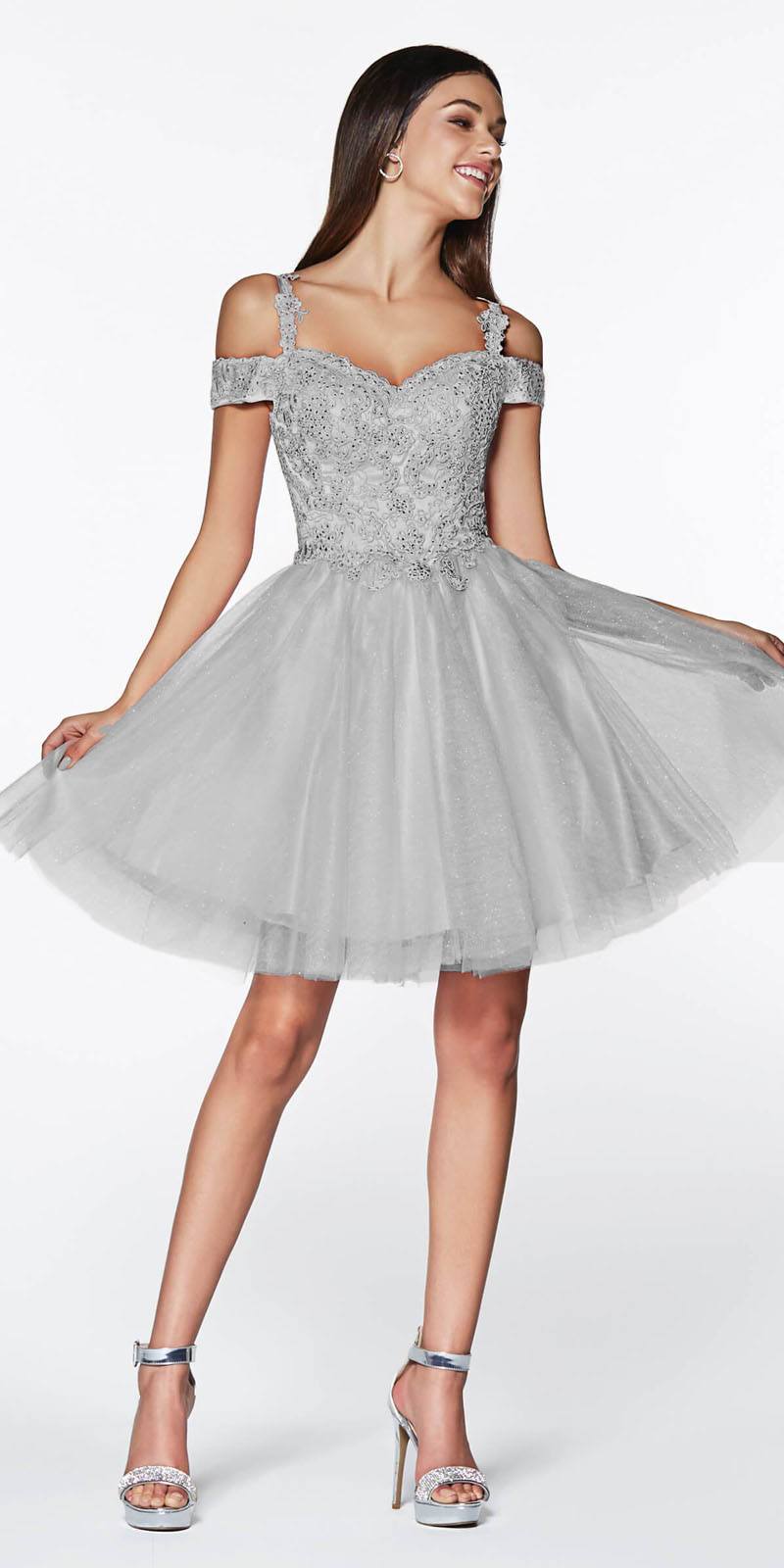 CLEARANCE - Cinderella Divine CD0132 Short A-Line Dress Off Shoulder Glitter Tulle Skirt (Size S) by DiscountDressShop