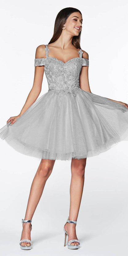 CLEARANCE - Cinderella Divine CD0132 Short A-Line Dress Off Shoulder Glitter Tulle Skirt (Size S) by DiscountDressShop