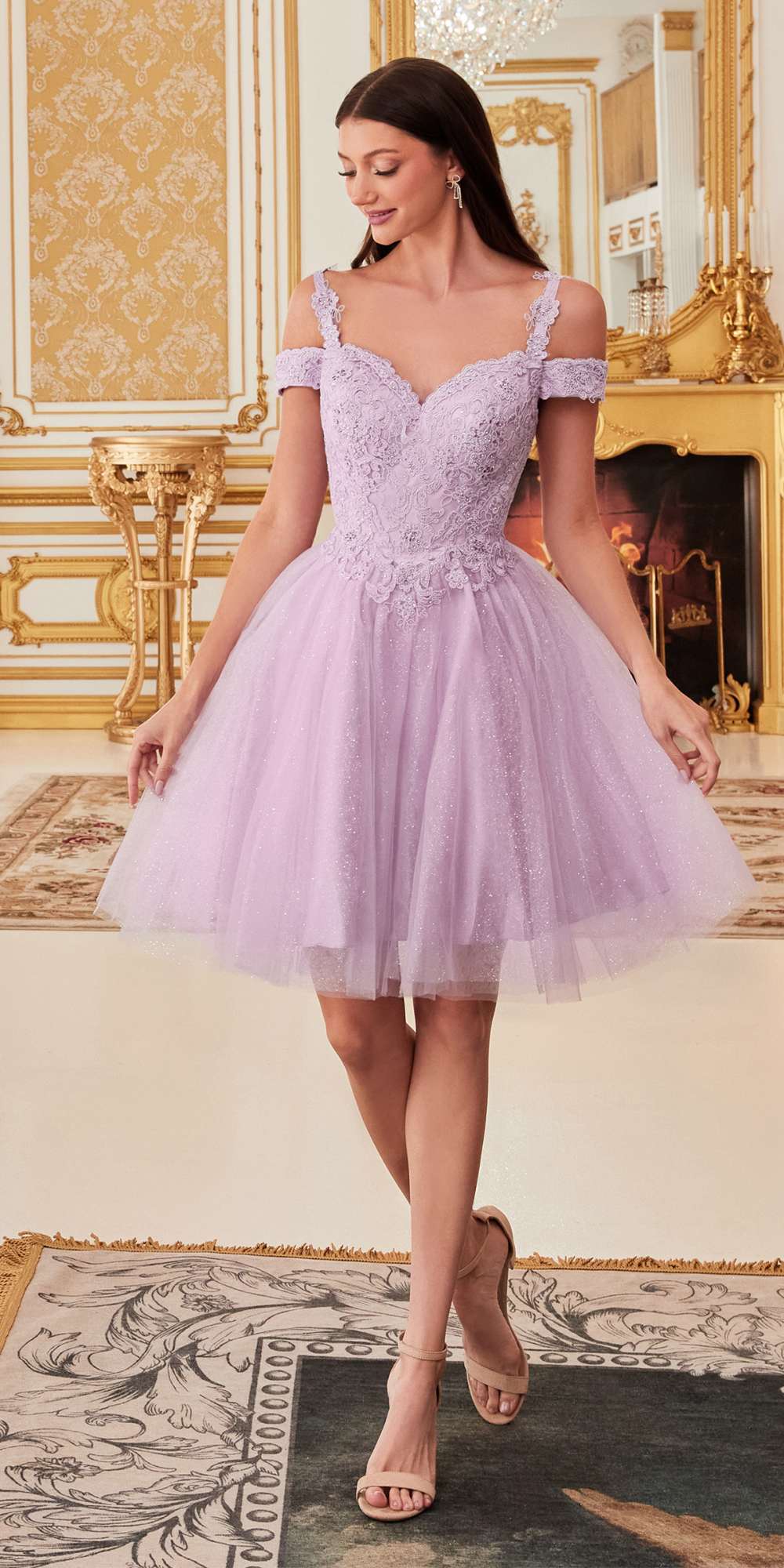 Cinderella Divine CD0132 Short A-Line Dress Off The Shoulder Glitter Tulle Skirt by DiscountDressShop