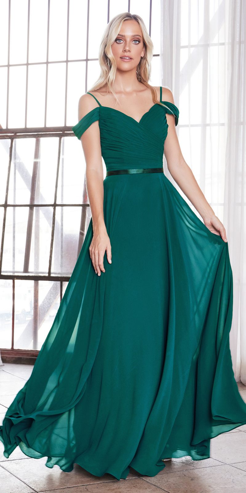 Cinderella Divine CD0156 Long Off The Shoulder Chiffon Gown Corset Back by DiscountDressShop
