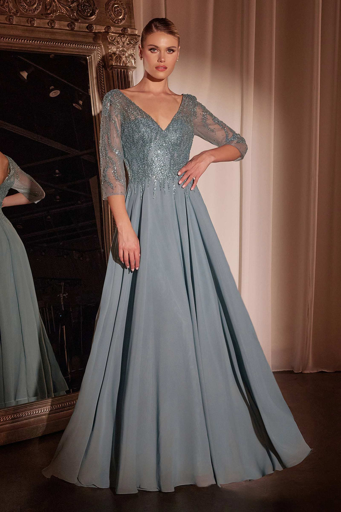 Cinderella Divine CD0171 Flowy Chiffon A-Line Gown 3/4 Length Sleeves by DiscountDressShop