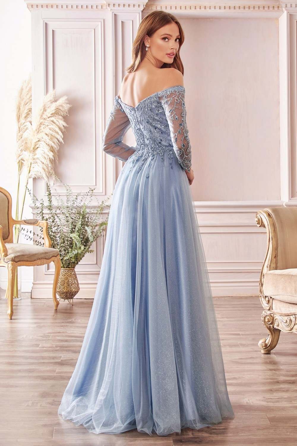 Cinderella Divine CD0172 A-Line Layered Tulle Gown Off The Shoulder Long Sleeve by DiscountDressShop