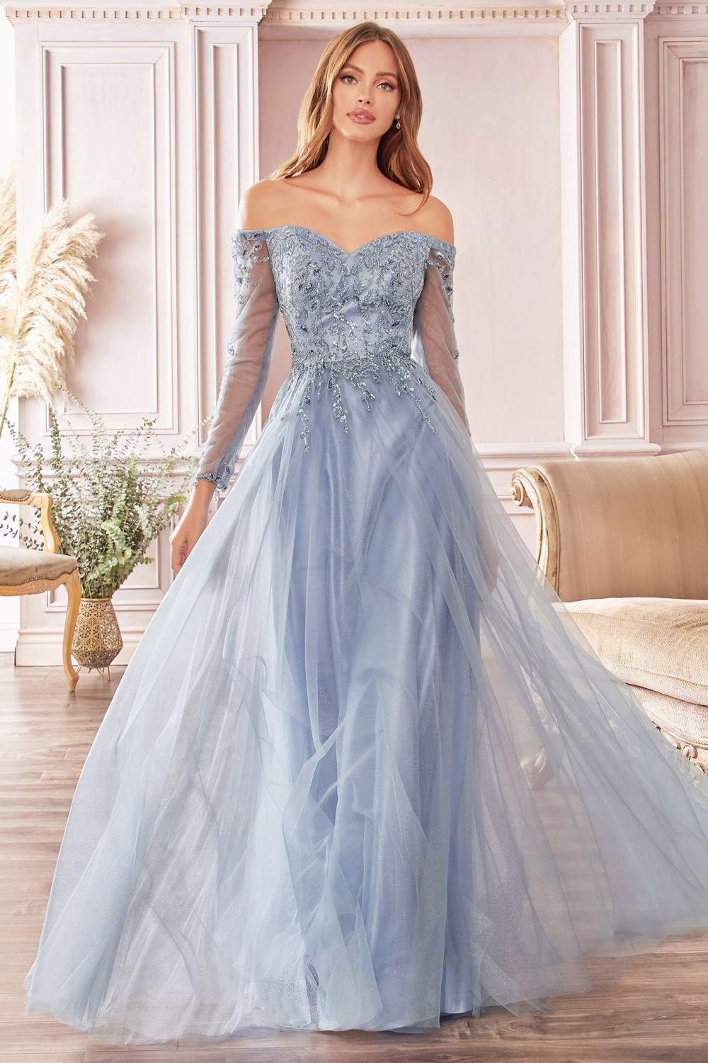 Cinderella Divine CD0172 A-Line Layered Tulle Gown Off The Shoulder Long Sleeve by DiscountDressShop