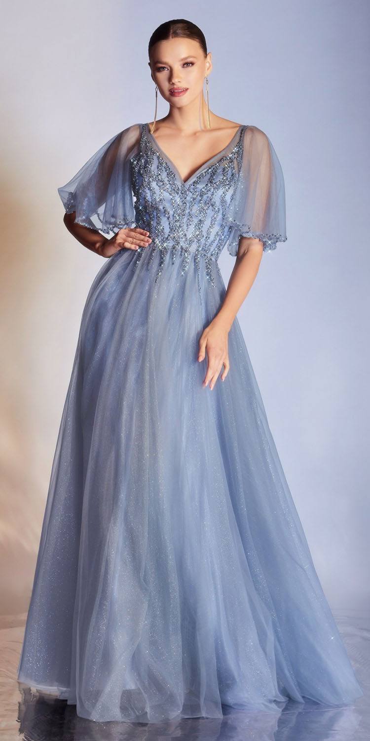 Cinderella Divine CD0175 Floor Length Layered Tulle A-Line Gown Butterfly Sleeve by DiscountDressShop