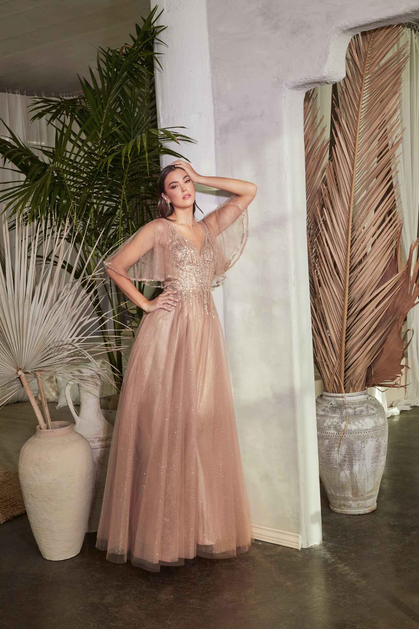 Cinderella Divine CD0175 Floor Length Layered Tulle A-Line Gown Butterfly Sleeve by DiscountDressShop