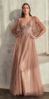 Cinderella Divine CD0175 Floor Length Layered Tulle A-Line Gown Butterfly Sleeve by DiscountDressShop