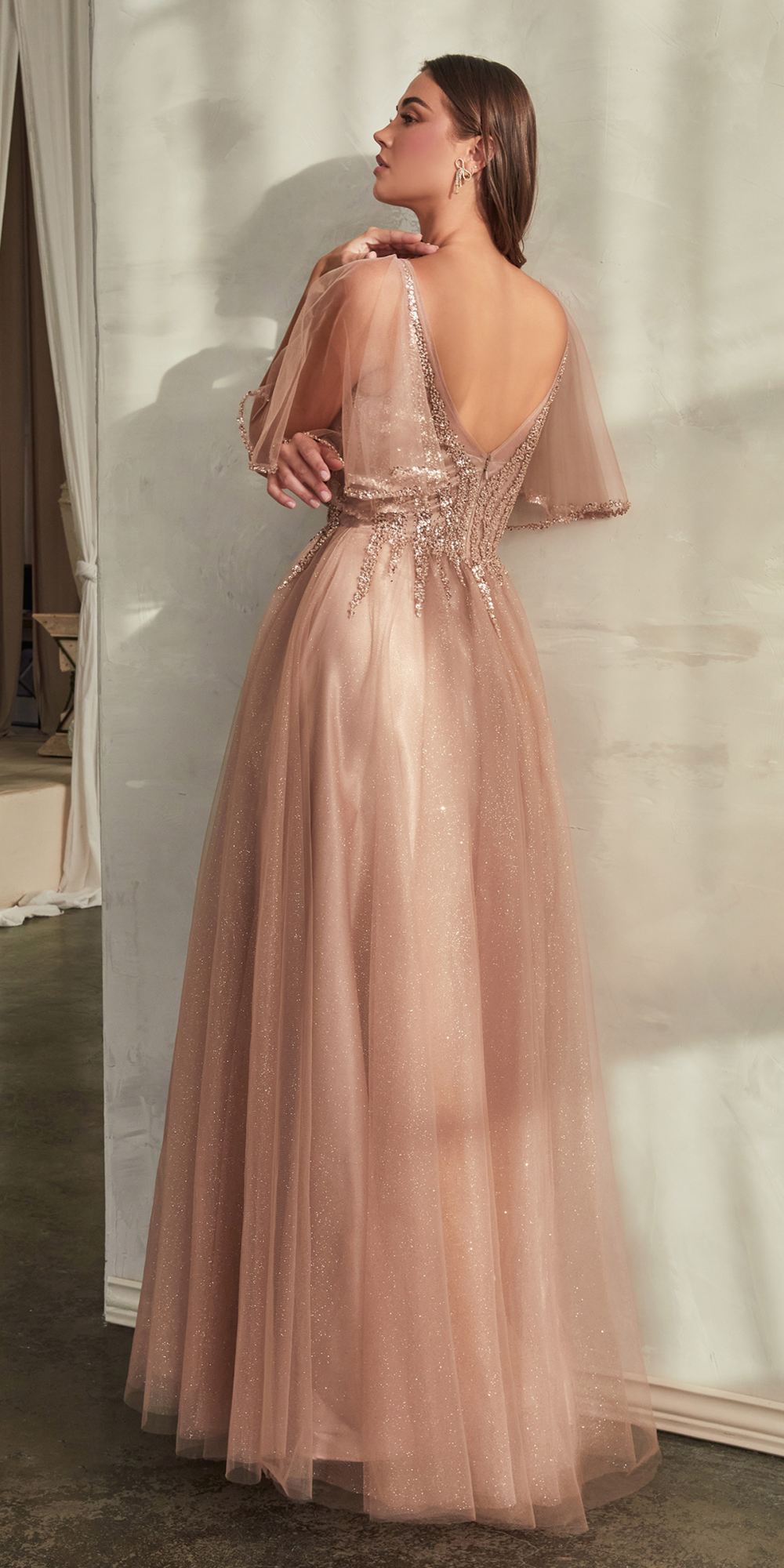 Cinderella Divine CD0175 Floor Length Layered Tulle A-Line Gown Butterfly Sleeve by DiscountDressShop