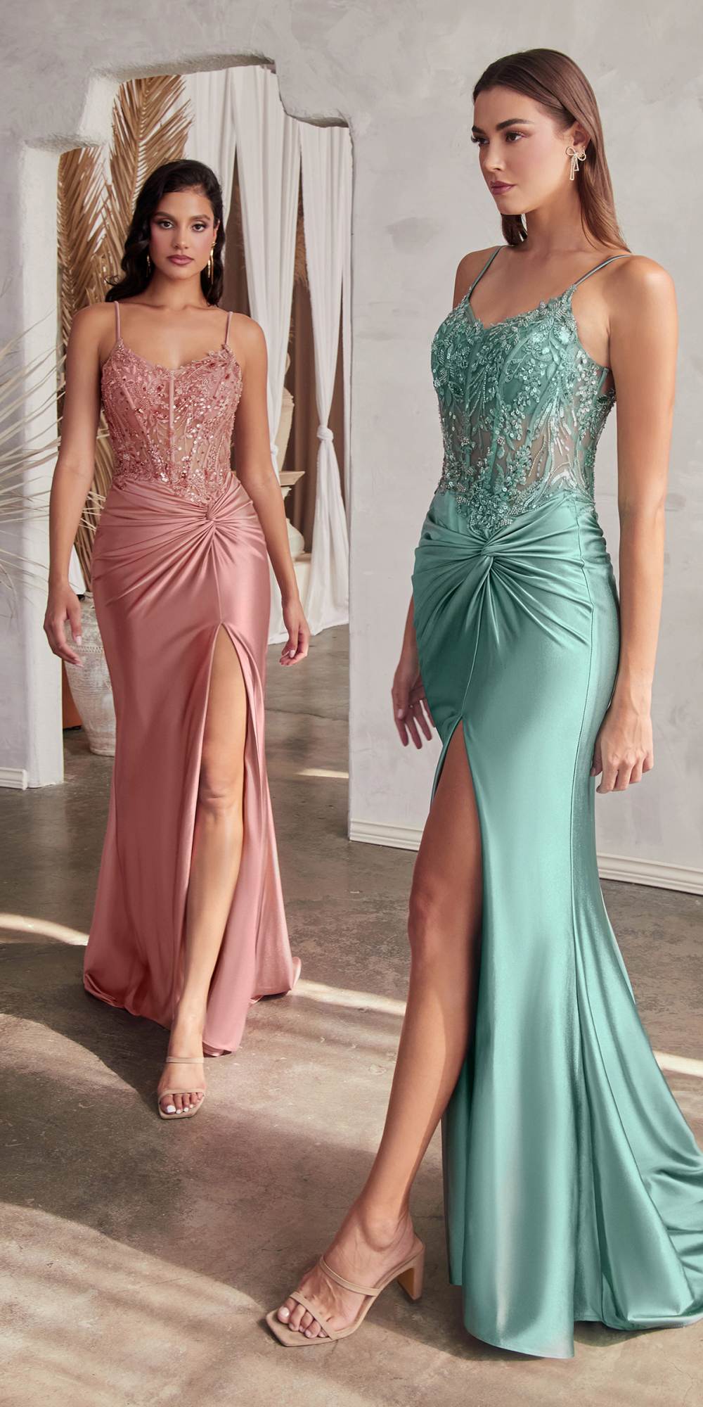 Ladivine CD0176 Long Fitted Satin Gown Sheer Embellished Boned Bodice by DiscountDressShop