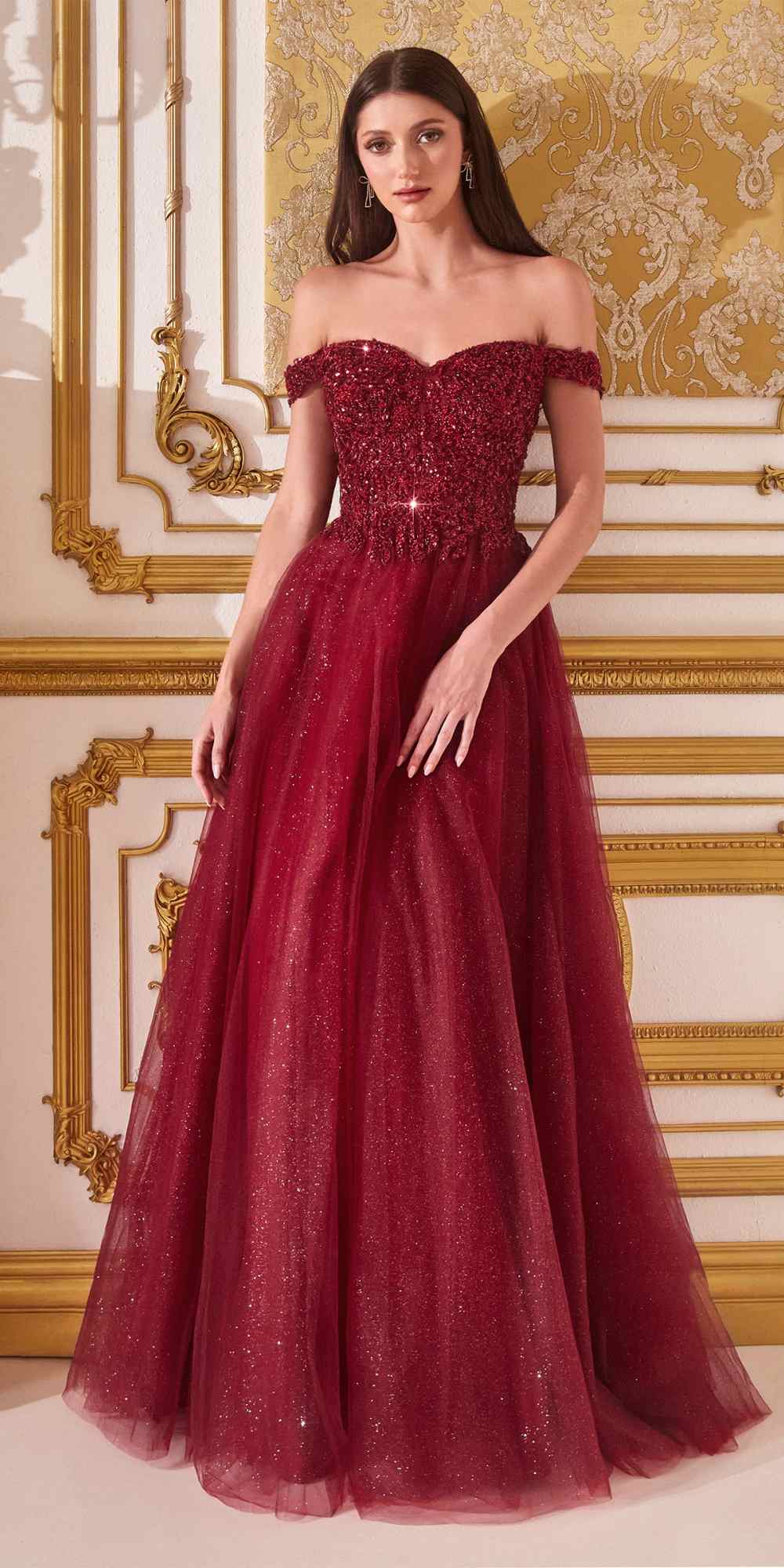 Cinderella Divine CD0177 Glitter Tulle A-Line Ball Gown Off the Shoulder by DiscountDressShop