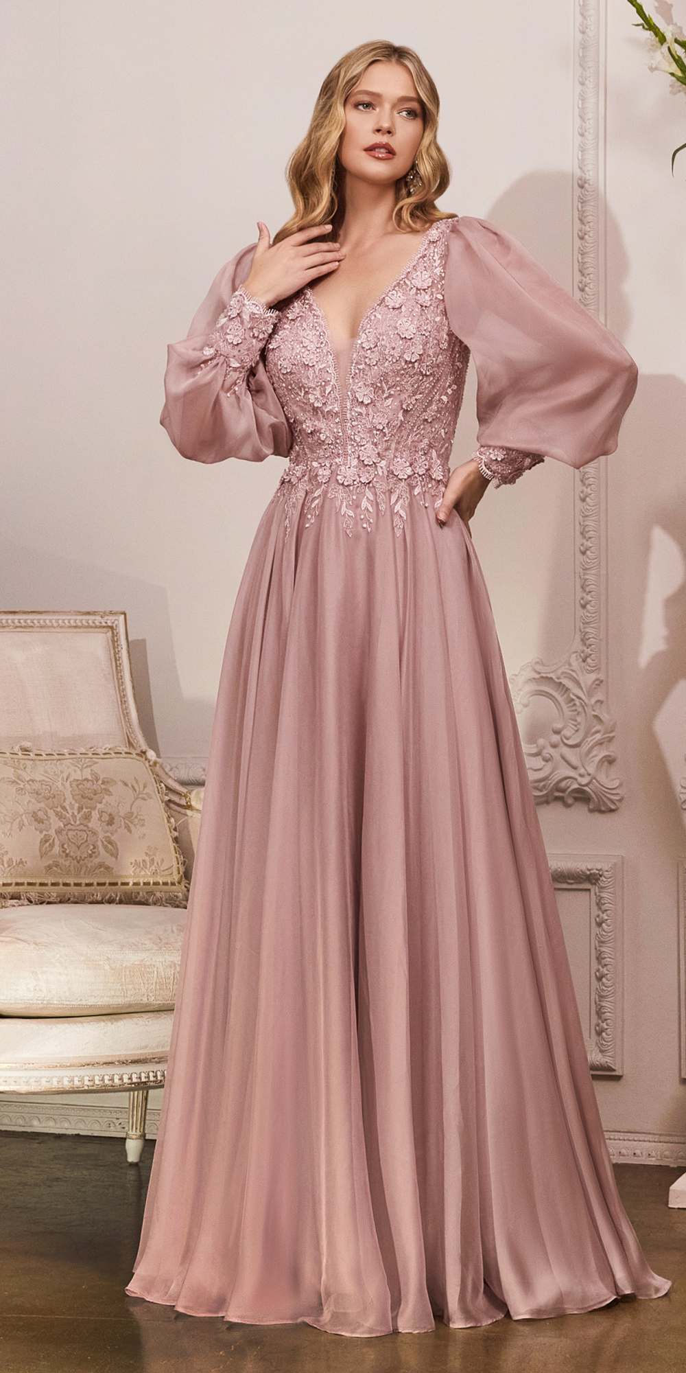 Cinderella Divine CD0183 Puff Long Sleeve Chiffon Formal Gown by DiscountDressShop