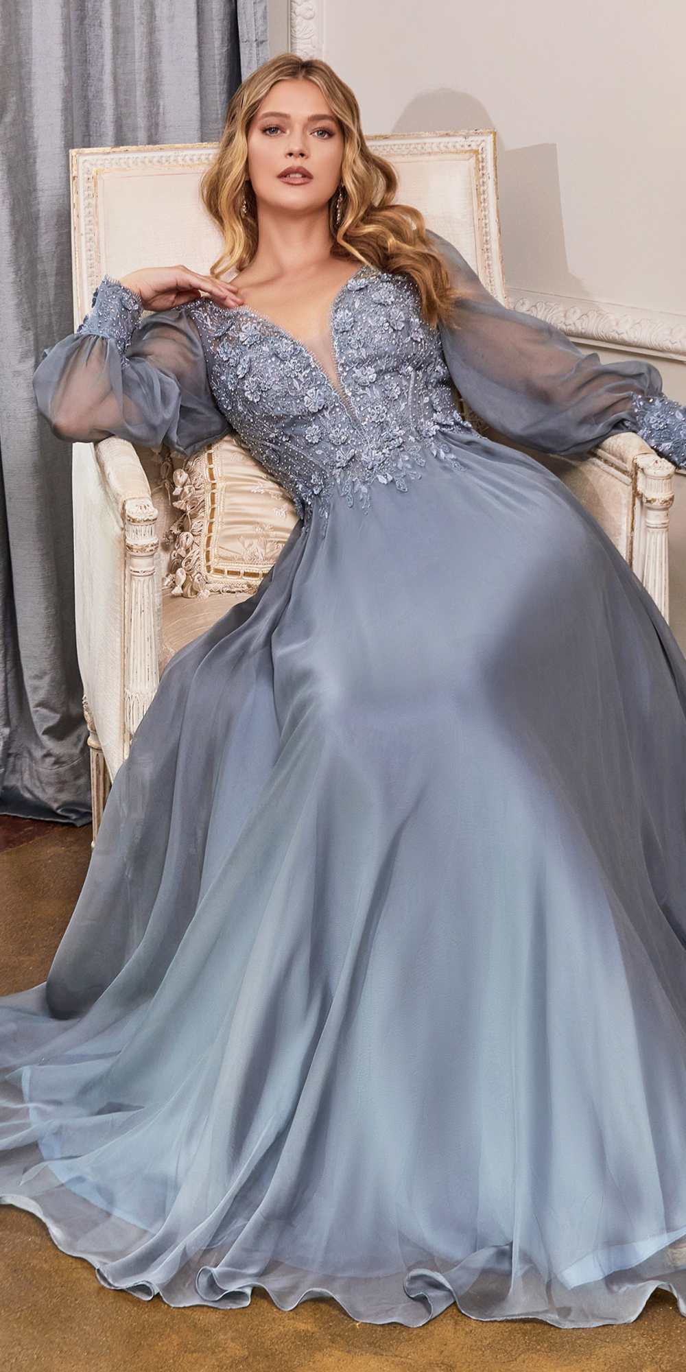 Cinderella Divine CD0183 Puff Long Sleeve Chiffon Formal Gown by DiscountDressShop