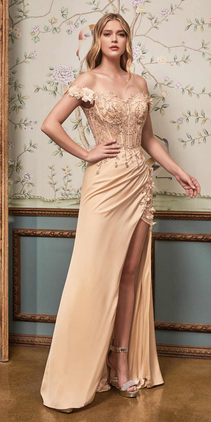 Cinderella Divine CD0186 Long Floral Off the Shoulder Gown with Slit by DiscountDressShop