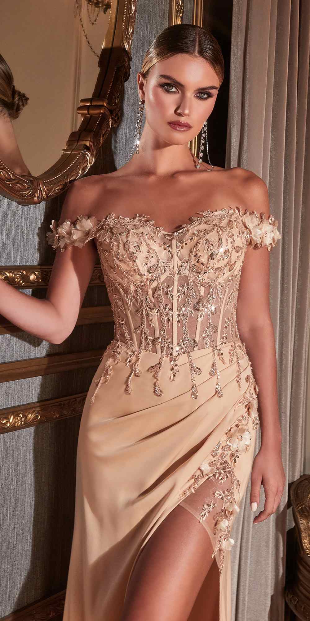 Cinderella Divine CD0186 Long Floral Off the Shoulder Gown with Slit by DiscountDressShop