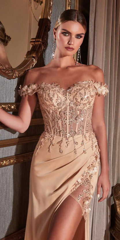 Cinderella Divine CD0186 Long Floral Off the Shoulder Gown with Slit by DiscountDressShop