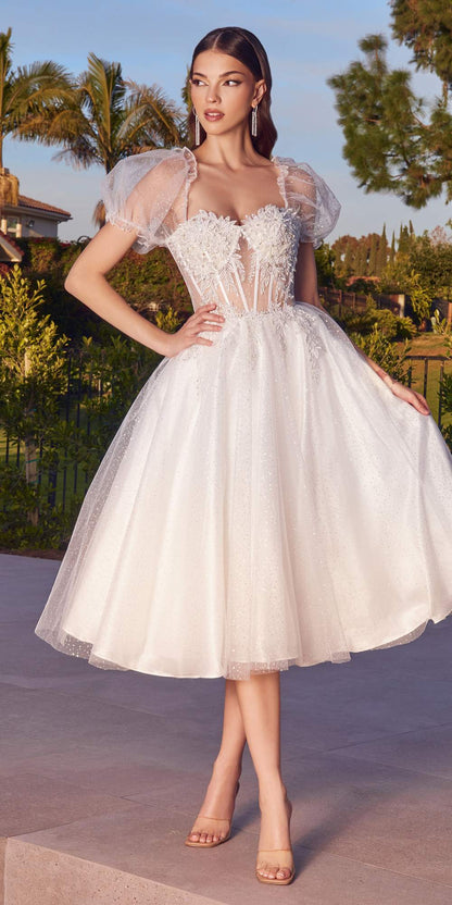 Cinderella Divine CD0187 Tea Length Layered Tulle Dress with Short Puff Sleeves by DiscountDressShop