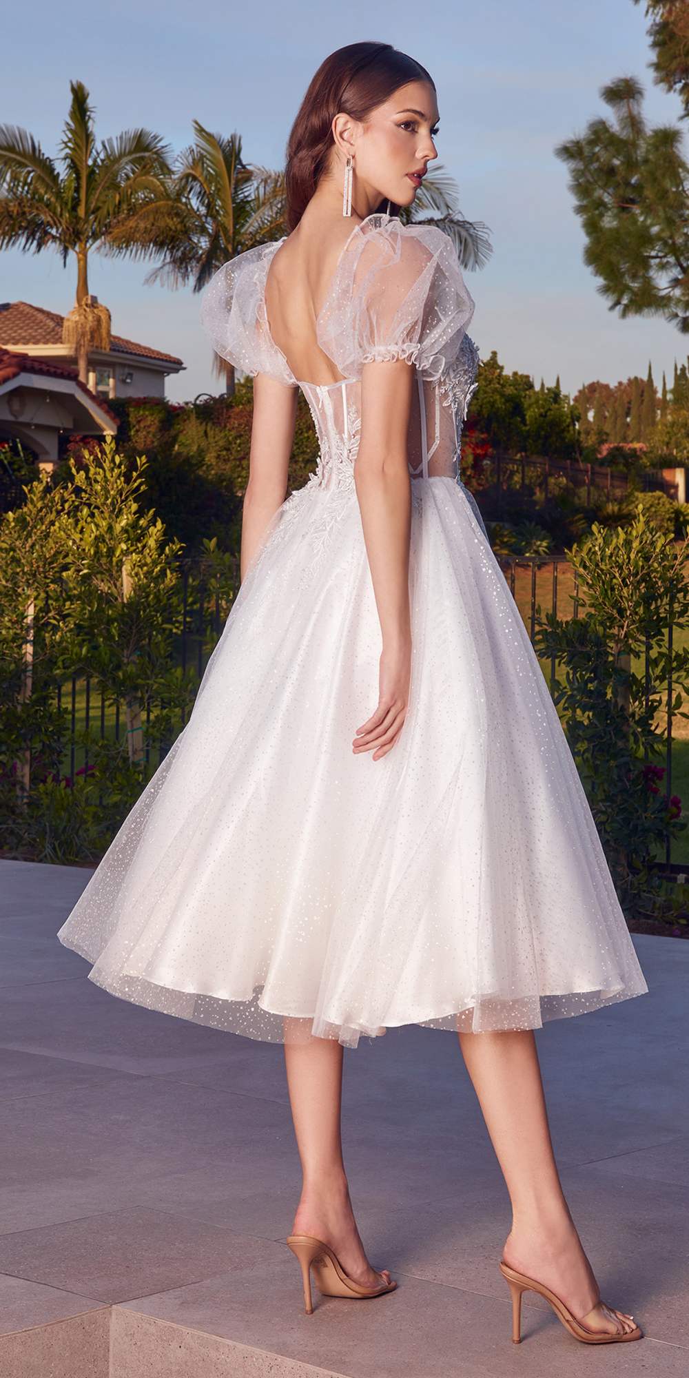 Cinderella Divine CD0187 Tea Length Layered Tulle Dress with Short Puff Sleeves by DiscountDressShop