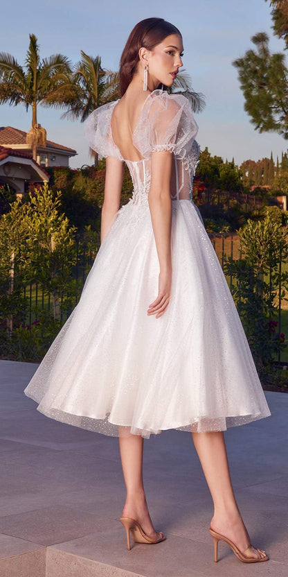 Cinderella Divine CD0187 Tea Length Layered Tulle Dress with Short Puff Sleeves by DiscountDressShop