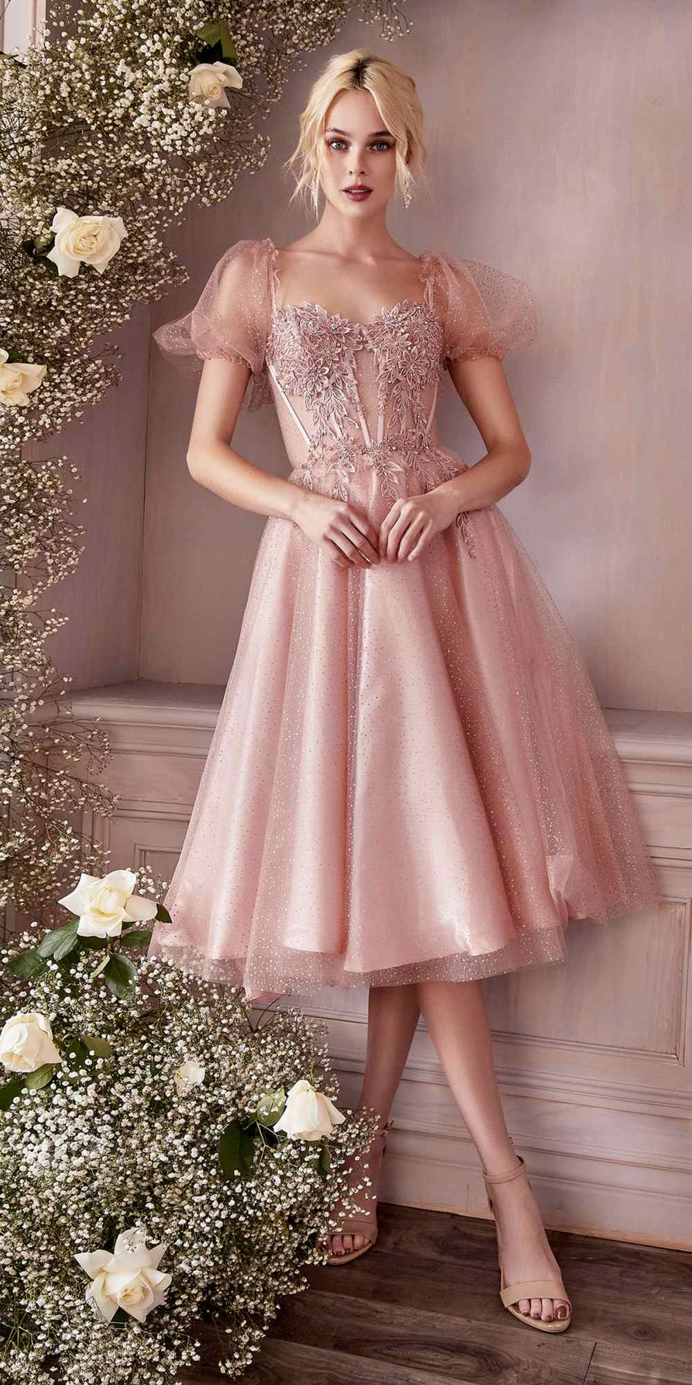 Cinderella Divine CD0187 Tea Length Layered Tulle Dress with Short Puff Sleeves by DiscountDressShop