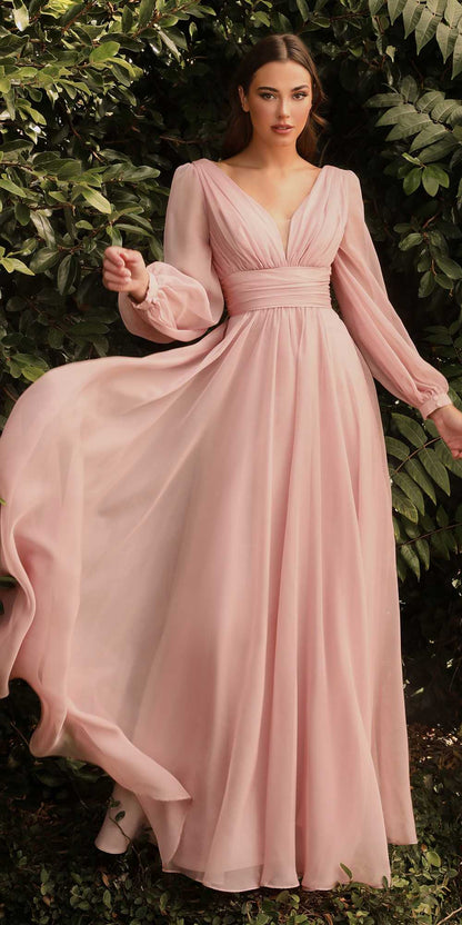 Cinderella Divine CD0192 Long Sleeve A-Line Chiffon Dress by DiscountDressShop