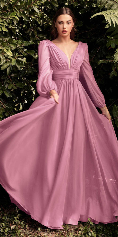 Cinderella Divine CD0192 Long Sleeve A-Line Chiffon Dress by DiscountDressShop