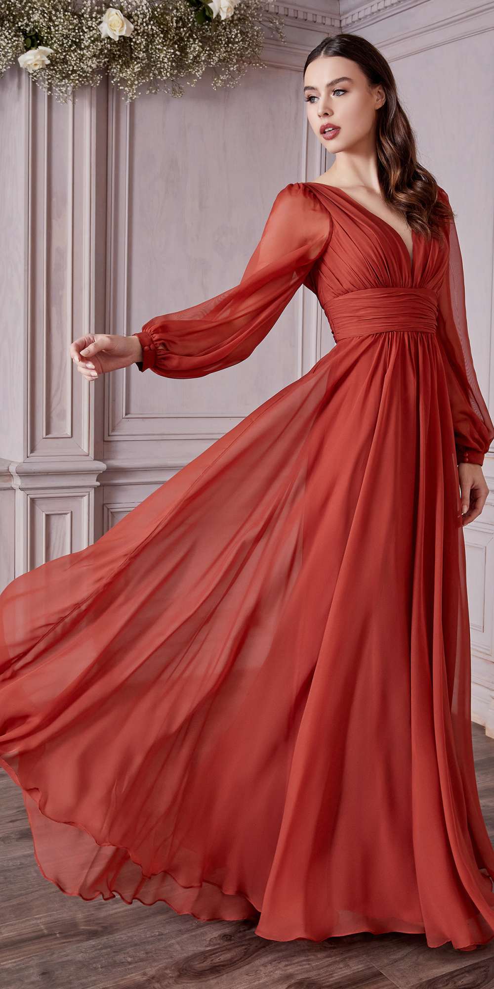 Cinderella Divine CD0192 Long Sleeve A-Line Chiffon Dress by DiscountDressShop