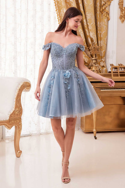 Cinderella Divine CD0194 Short Tulle A-Line Off the Shoulder Dress by DiscountDressShop