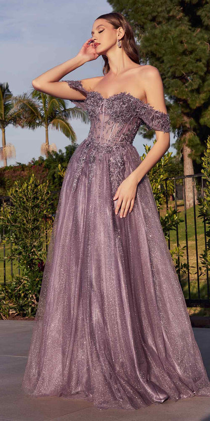 Cinderella Divine CD0198 Long Lace A-Line Gown with Off the Shoulder Sleeves by DiscountDressShop