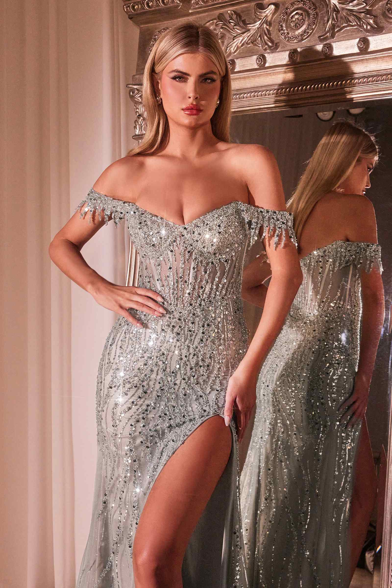 Ladivine CD0203 Long Fitted Off the Shoulder Sequin Gown with Slit by DiscountDressShop