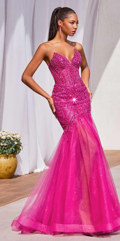 Cinderella Divine CD0214 Strapless Pointed Cup Beaded Mermaid Dress by DiscountDressShop