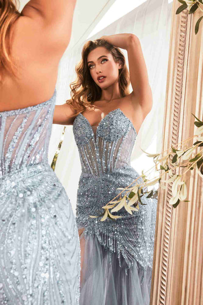 Cinderella Divine CD0214 Strapless Pointed Cup Beaded Mermaid Dress by DiscountDressShop
