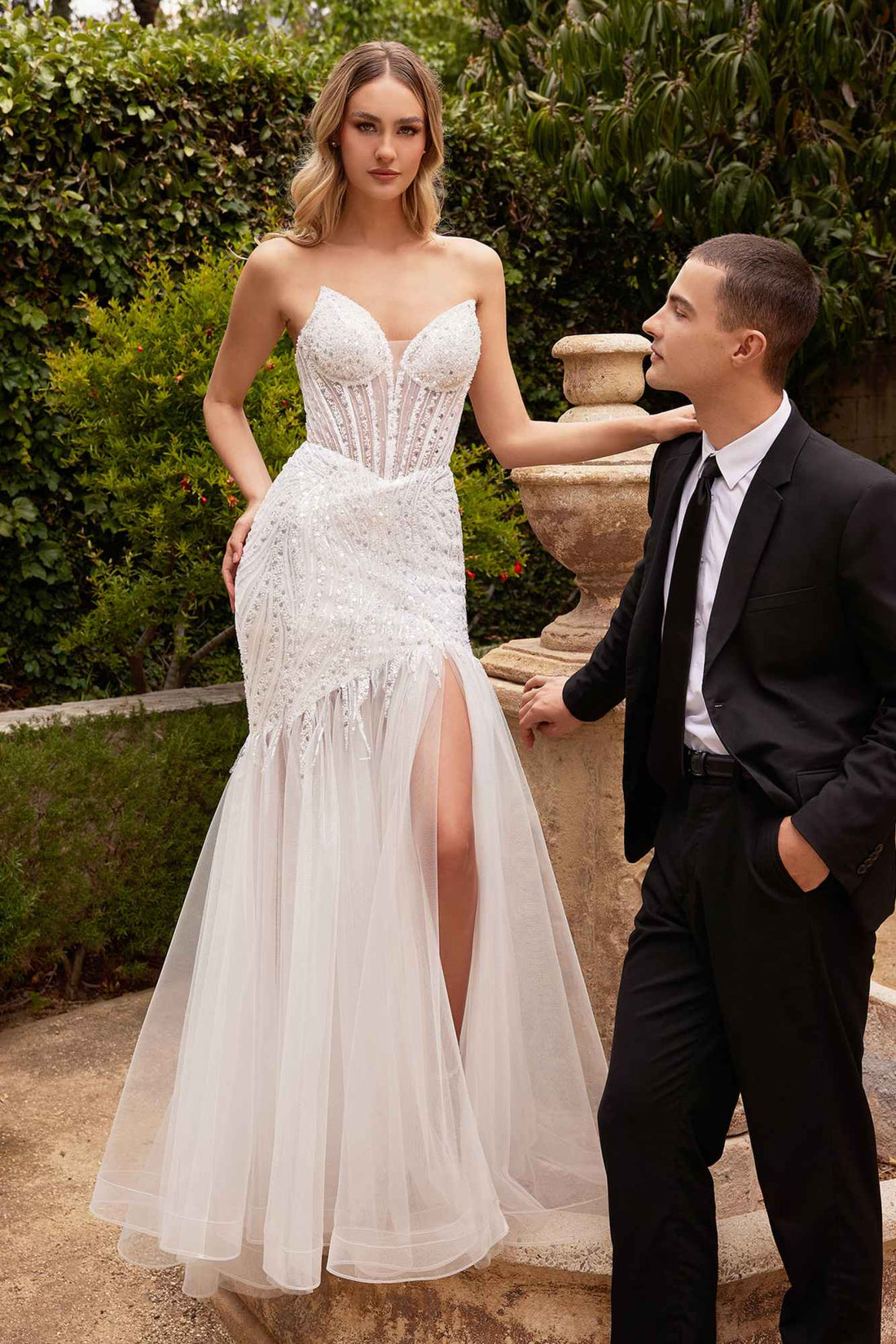 Ladivine CD0215W Long Strapless Pointed Bust Beaded Mermaid Gown by DiscountDressShop