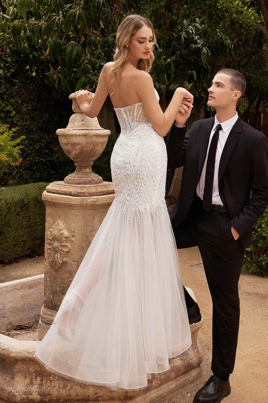 Ladivine CD0215W Long Strapless Pointed Bust Beaded Mermaid Gown by DiscountDressShop