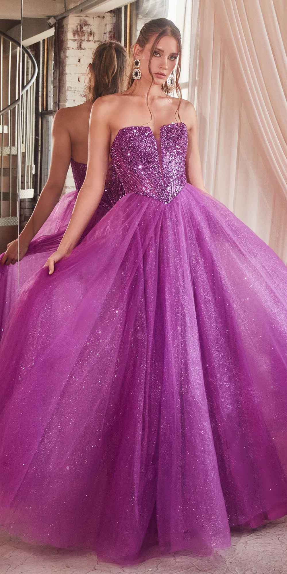 Ladivine CD0217 Long A-Line Strapless Sequin Bodice Glitter Tulle Skirt Dress by DiscountDressShop