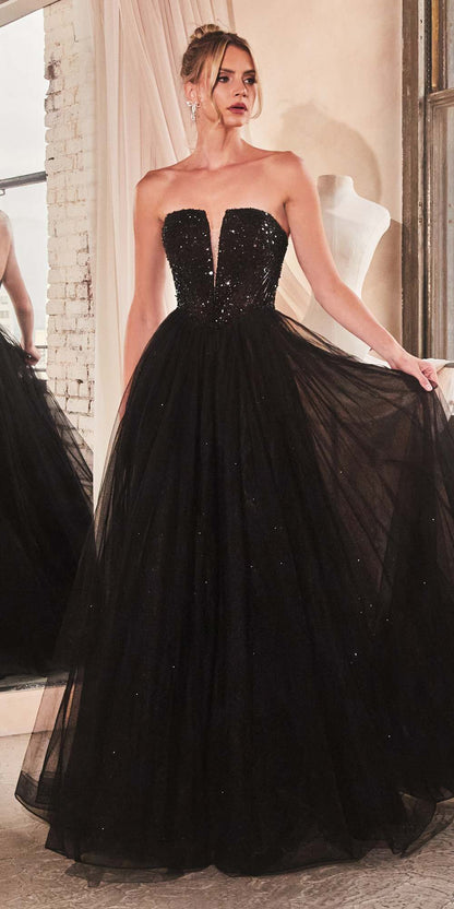 Ladivine CD0217 Long A-Line Strapless Sequin Bodice Glitter Tulle Skirt Dress by DiscountDressShop
