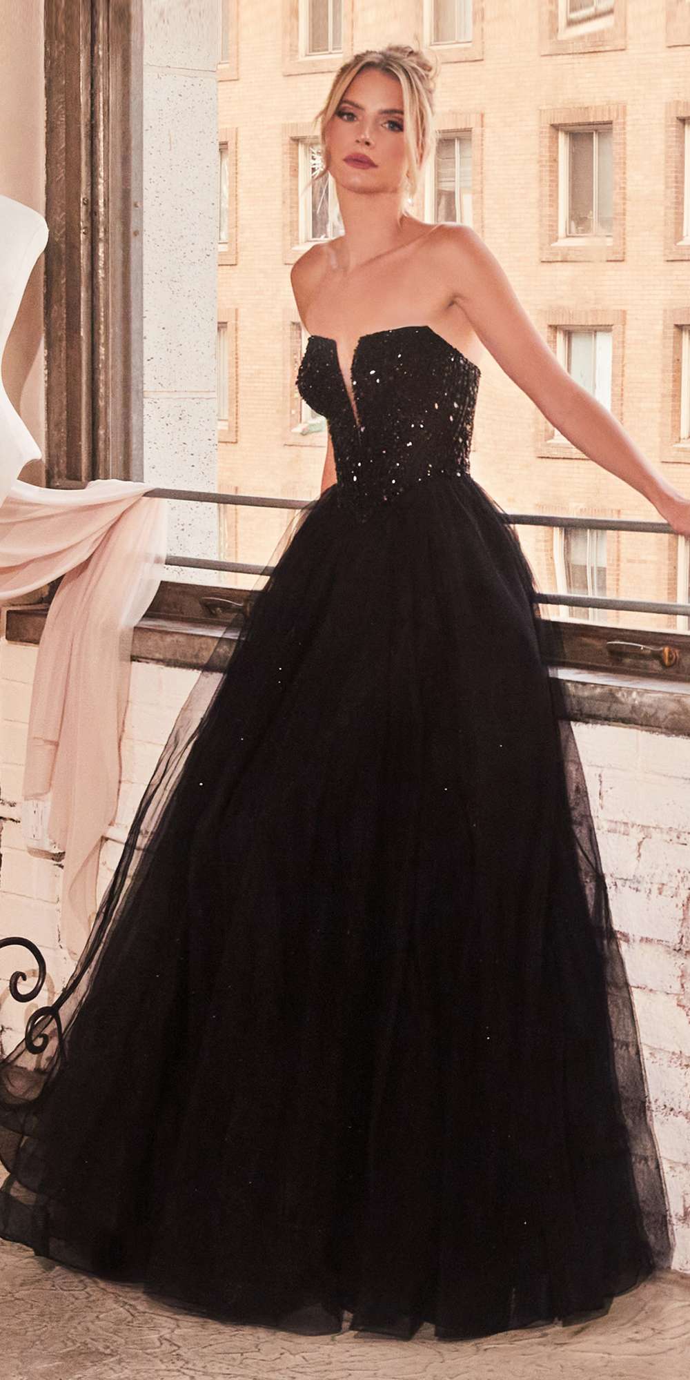 Ladivine CD0217 Long A-Line Strapless Sequin Bodice Glitter Tulle Skirt Dress by DiscountDressShop