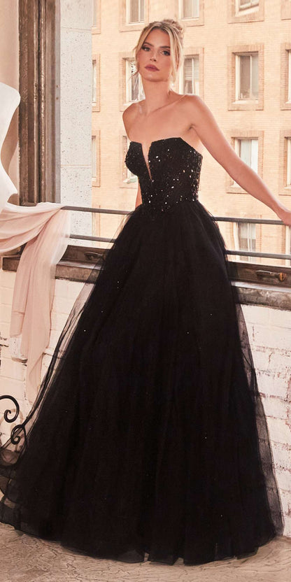 Ladivine CD0217 Long A-Line Strapless Sequin Bodice Glitter Tulle Skirt Dress by DiscountDressShop