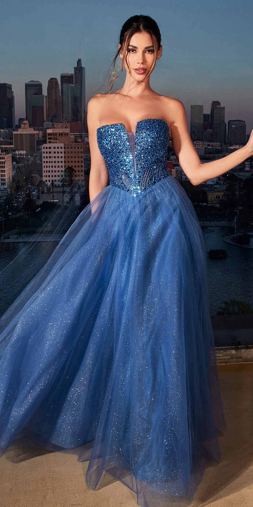 Ladivine CD0217 Long A-Line Strapless Sequin Bodice Glitter Tulle Skirt Dress by DiscountDressShop