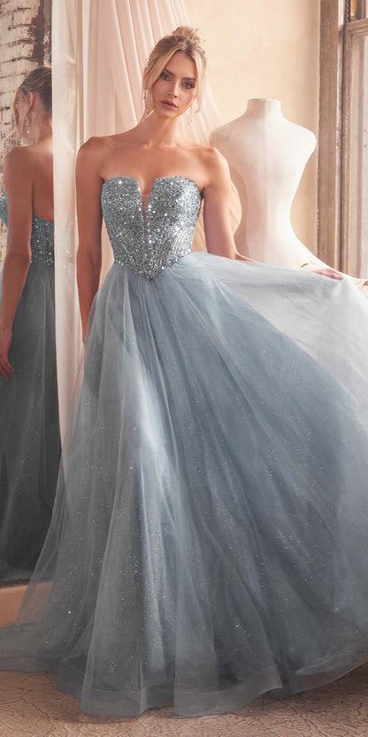 Ladivine CD0217 Long A-Line Strapless Sequin Bodice Glitter Tulle Skirt Dress by DiscountDressShop