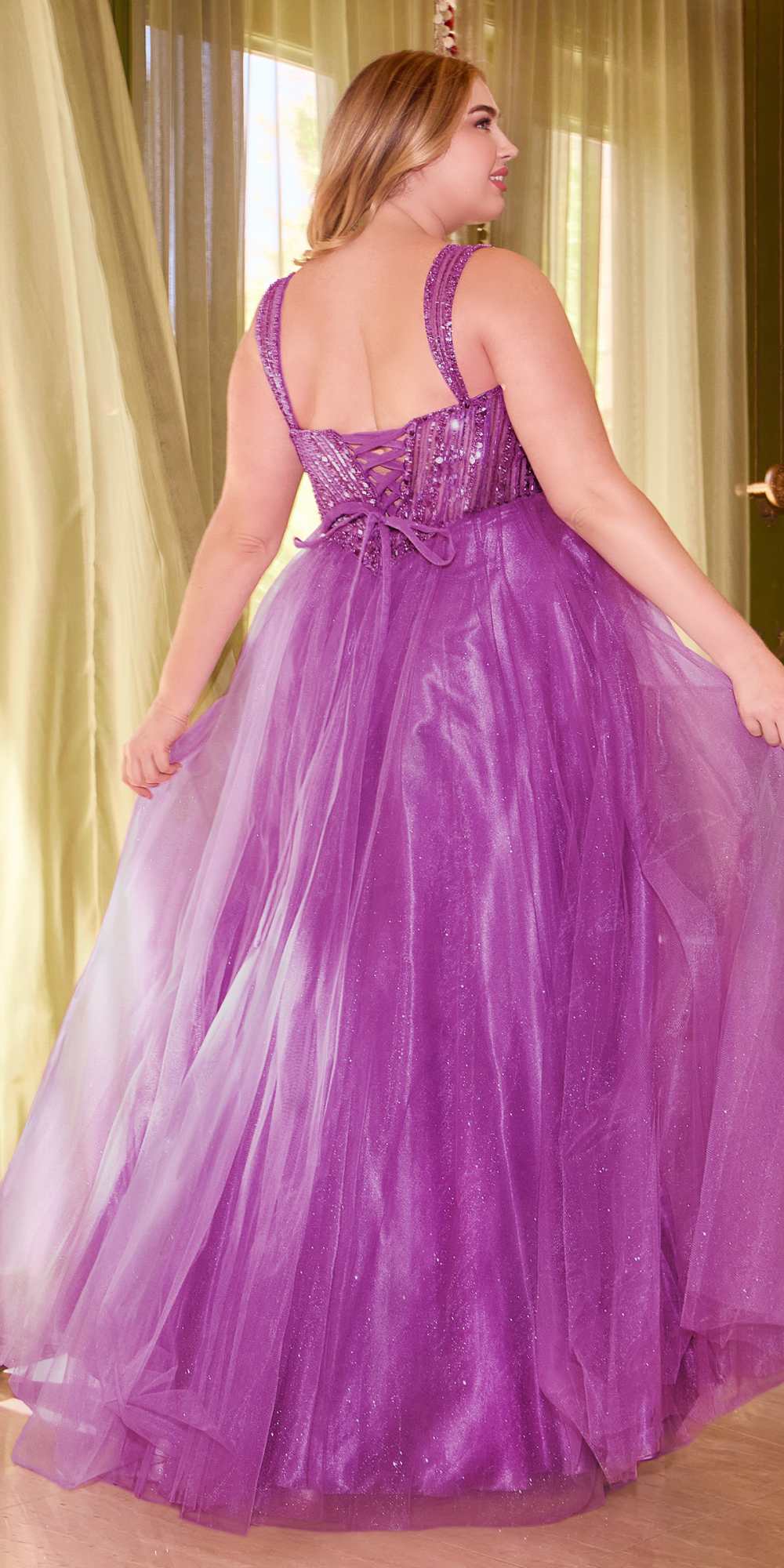 Ladivine CD0217 Long A-Line Strapless Sequin Bodice Glitter Tulle Skirt Dress by DiscountDressShop