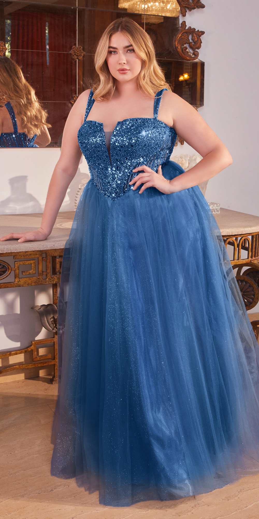 Ladivine CD0217 Long A-Line Strapless Sequin Bodice Glitter Tulle Skirt Dress by DiscountDressShop