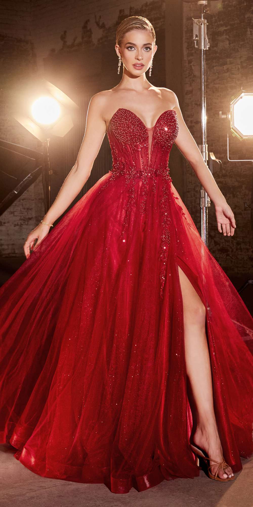 Ladivine CD0230 Long Strapless Layered Tulle Leg Slit Ballgown by DiscountDressShop