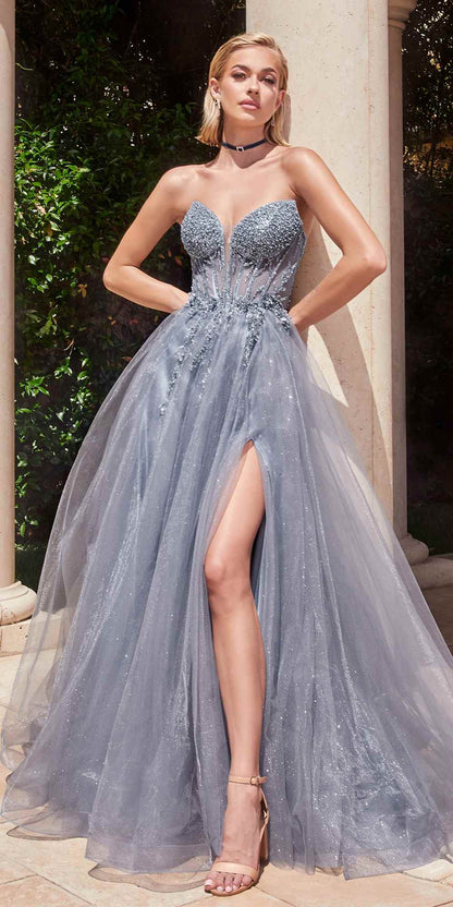 Ladivine CD0230 Long Strapless Layered Tulle Leg Slit Ballgown by DiscountDressShop