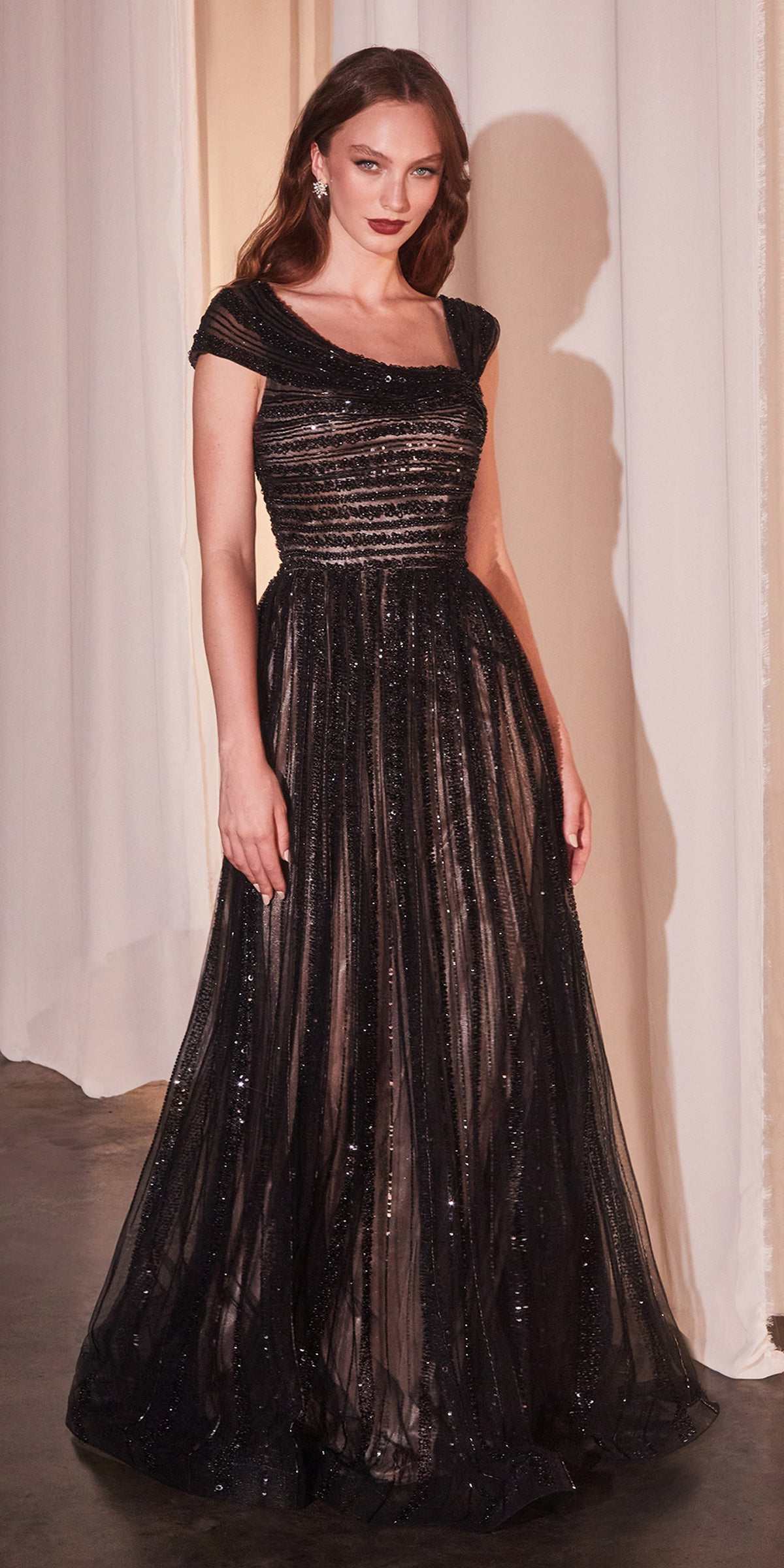 Ladivine CD0238 Asymmetrical Off The Shoulder A-Line Beaded Gown by DiscountDressShop