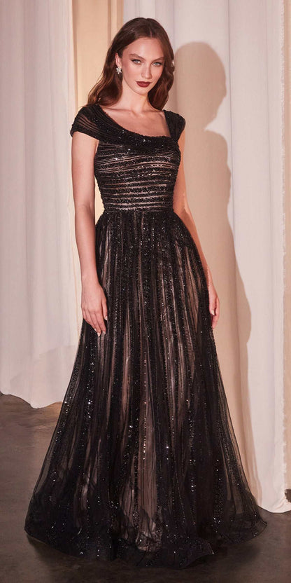 CLEARANCE - Ladivine CD0238 Off The Shoulder A-Line Beaded Black/Nude Gown (Size 10) by DiscountDressShop