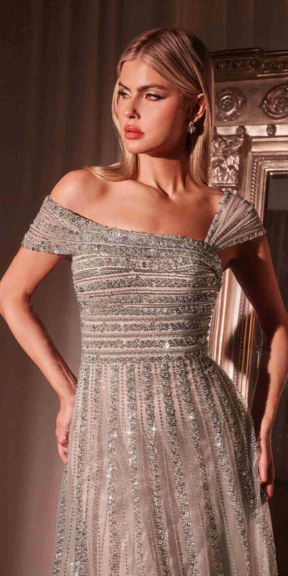 Ladivine CD0238 Asymmetrical Off The Shoulder A-Line Beaded Gown by DiscountDressShop